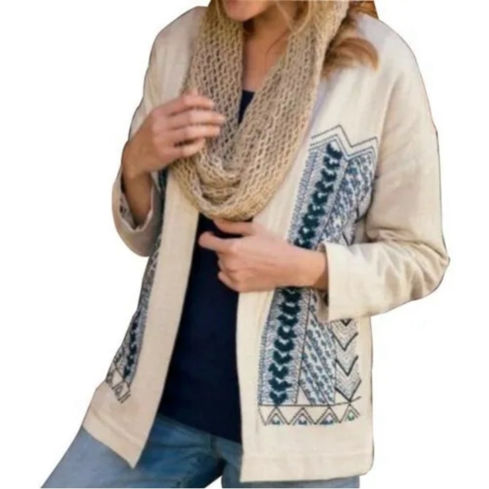 Soft Surroundings Cream Embroidered Open Cardigan Jacket